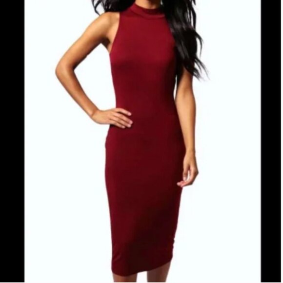 Michael Kors Mock Neck Midi Bodycon Sleeveless Dress - Small in Burgundy/Plum - Picture 1 of 6